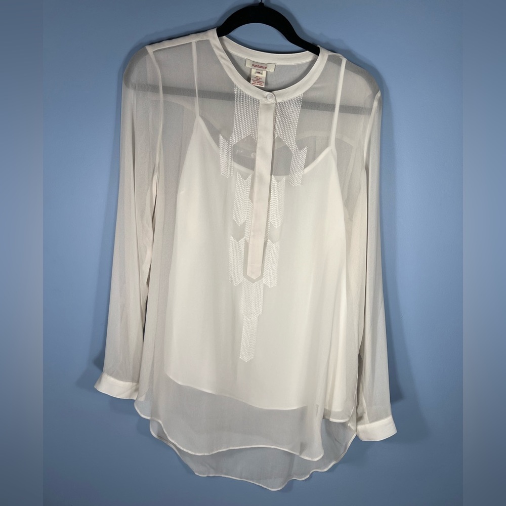 Sundance Silk Ivory Shear Embroidered Blouse w/Camisole, Size M